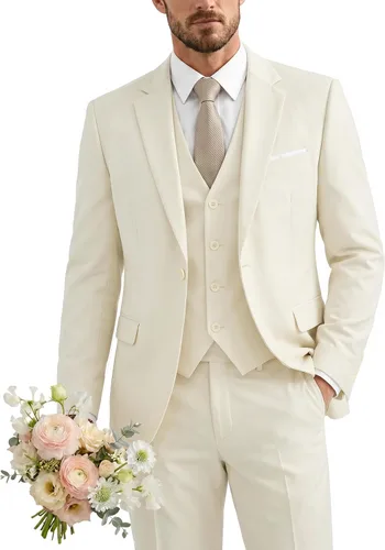 Vista 40 de Traje de 3 piezas para hombre con corbata, chaleco sólido de un botón y beige (529-beige)