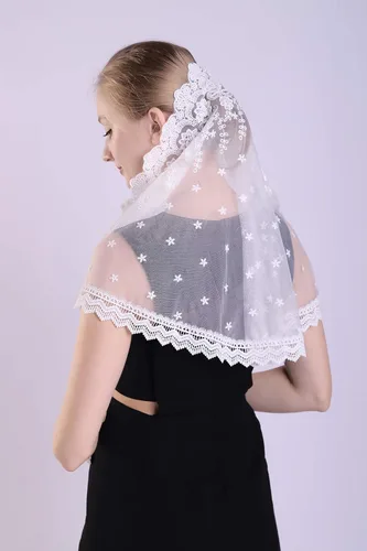 Vista 7 de Velo de capilla bordado de encaje Mantilla velo cabeza que cubre velos para iglesia