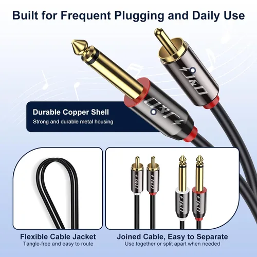Vista 6 de J&D Cable de 1/4 a RCA, Carcasa de Cobre Chapado en Oro de Servicio Pesado 2X6.35mm TS a RCA Dual Cable de Interconexión de Audio Estéreo