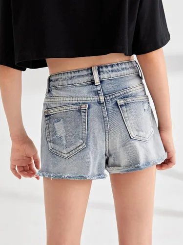 Vista 2 de Floerns Pantalones cortos de mezclilla rasgados con dobladillo sin procesar para niñas