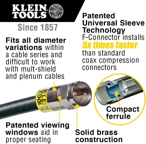 Vista 5 de Klein Tools VDV026-211 Kit de instalación coaxial con herramienta de engarzado, cortador de cables, pelacables y conectores F con bolsa