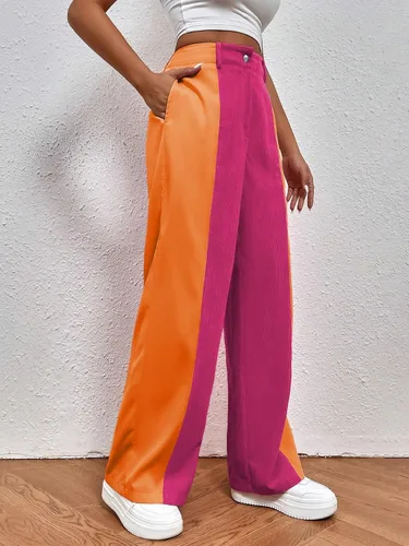 Vista 4 de WDIRARA Pantalones sueltos casuales de cintura alta con bolsillo para mujer
