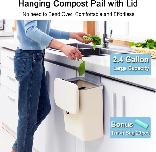 Vista 2 de Tiyafuro Cubo de compost de cocina de 2.4 galones para encimera o debajo del fregadero, cubo de basura pequeño colgante con tapa para armario, baño