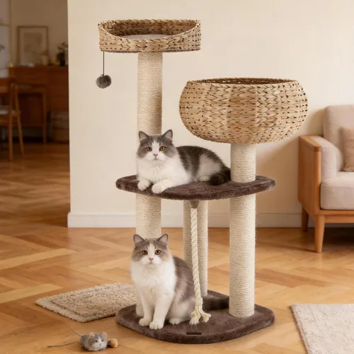 Vista 11 de PETSITE Árbol para gatos moderno de 28 pulgadas, poste rascador de sisal de sisal de torre para gatos, hecho a mano y percha superior, bola colgante