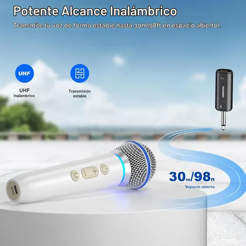Vista 3 de Aokeo Micrófono inalámbrico con receptor recargable, micrófono de karaoke de mano dinámico UHF, rango de 100 pies, para altavoz amplificador