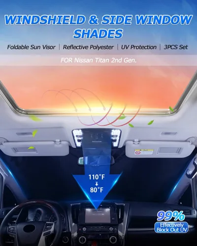 Vista 2 de Karltys - Set de 3 parasoles para parabrisas para Nissan Titan 2020-2025, parabrisas frontales y laterales reflectantes con ajuste personalizado