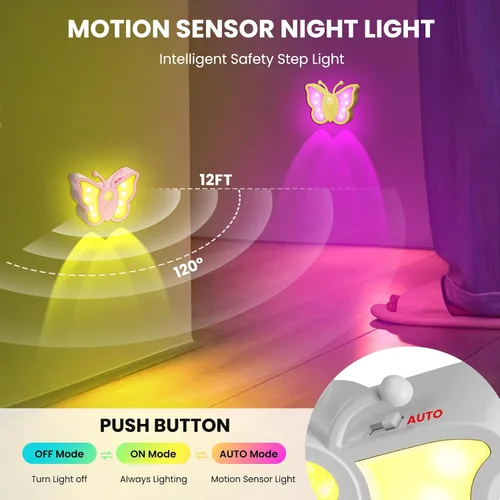 Vista 3 de LOFTEK Luz Nocturna de Mariposa, Luz Nocturna Recargable con Sensor de Movimiento, 2 Modos de Color y Luz Nocturna RGB Ajustable, Se Pega