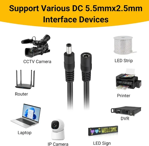 Vista 5 de CENSHI Paquete de 2 cables de extensión de alimentación CC de 18 AWG de 0.217 in x 0.098 in, cable conector macho a hembra para cámara de seguridad