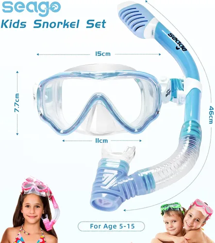 Vista 7 de Seago Juego de esnórquel para niños, máscara de esnórquel para niños, niñas, jóvenes, sin fugas, antivaho, visión clara, kit de buceo y natación
