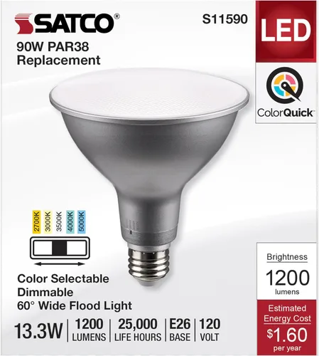 Vista 3 de Satco S11590; LED PAR38 de 13.3 vatios; base media; acabado plateado; CCT seleccionable; 120 voltios; ángulo de haz de 60 grados