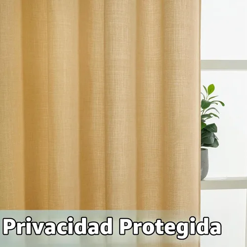 Vista 3 de LAMIT Cortinas de lino semitransparentes de 90 pulgadas para dormitorio, 2 Ojal de plata-marrón caramelo