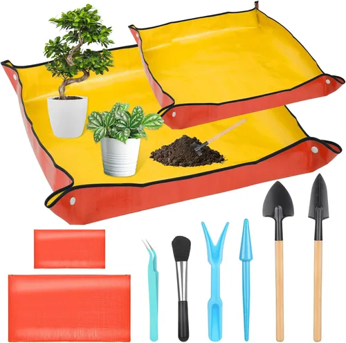 Vista 9 de Tapete de trasplante de plantas para jardín, 2 piezas, impermeable, plegable, para interiores, portátil, cuadrada, bandeja para macetas con 6 piezas