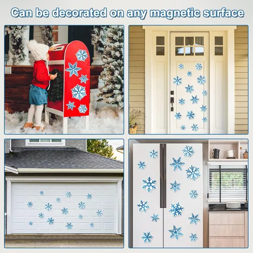 Vista 4 de Whaline Imanes de puerta de garaje de invierno, imán de copo de nieve azul, decoración de invierno para refrigerador, calcomanías de puerta