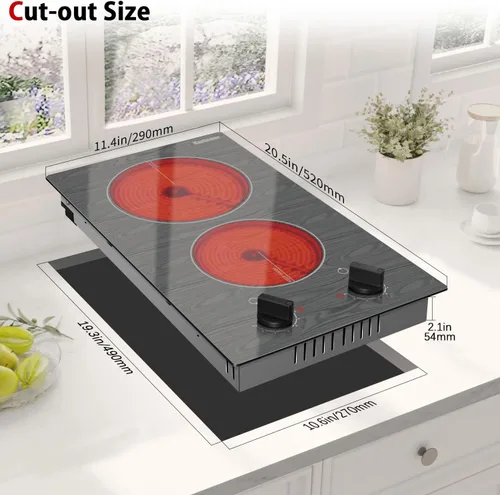 Vista 6 de Karinear Placa de Cocina Eléctrica de 2 Quemadores, 110v Estufa Eléctrica Portátil con Perilla, Placa de Cocina de Vidrio, Hermoso Patrón de Veta