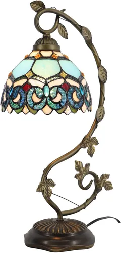 Vista 9 de Tiffany Table Lamp, Stained Glass Desk Light, 8X10X21 Inches, Metal Leaf Base (Brown Green Leaf)