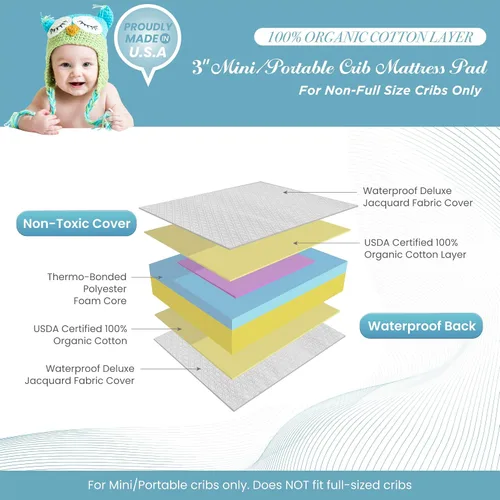 Vista 3 de LA Baby - Protector de colchón impermeable para cuna de 3 pulgadas con capa de algodón 100% orgánico, solo para cunas de tamaño no completo