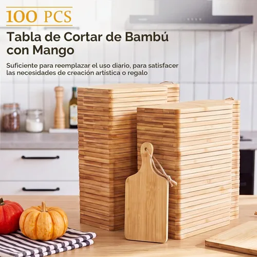 Vista 5 de Tanlade 100 tablas de cortar a granel de 9 x 4 pulgadas, tabla de cortar de bambú con mango de madera, tablón de charcutería grabado para servir