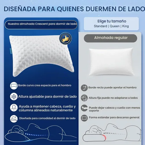 Vista 2 de Almohadas para dormir de lado para comodidad de cuello y hombros, diseño ergonómico de media luna curvada, espuma viscoelástica triturada ajustable