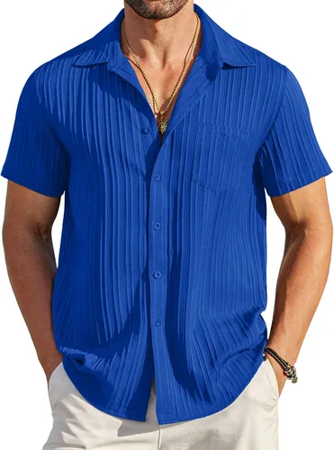 Vista 26 de COOFANDY - Camisas de botones casuales para hombre, de manga corta, con textura, camisa de playa de verano con bolsillo