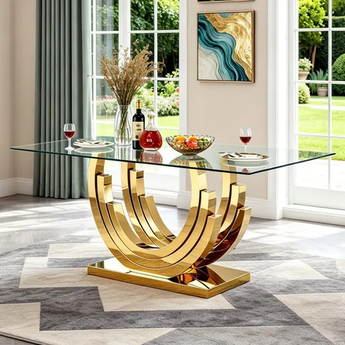 Vista 57 de SSLine Mesa de comedor de cristal dorado de 70 pulgadas para 4-6, base de Mesa de oro floral