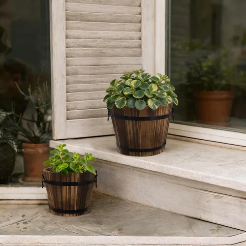 Vista 6 de Macetas pequeñas de madera con forma de barril, 6.3 pulgadas + 5.3 pulgadas, macetas rústicas de flores con agujeros de drenaje para decoración
