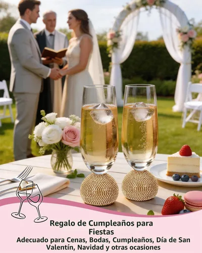 Vista 9 de Juego de flautas de champán de 4, vasos de champán sin tallo para boda, vasos de mimosa de cristal irrompibles y elegantes, flautas de champán de 10