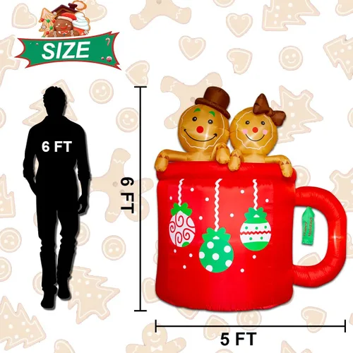 Vista 2 de Poptrend - Decoración inflable de Navidad de 6 pies, muñeco de jengibre con luces LED de Navidad, extravagante, divertida y colorida
