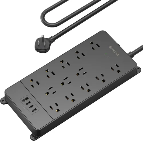 Vista 19 de TROND - Alargador de corriente con enchufe plano giratorio 360°, protector contra sobretensiones, 13 tomas amplias con 3 puertos USB C, 4000 J