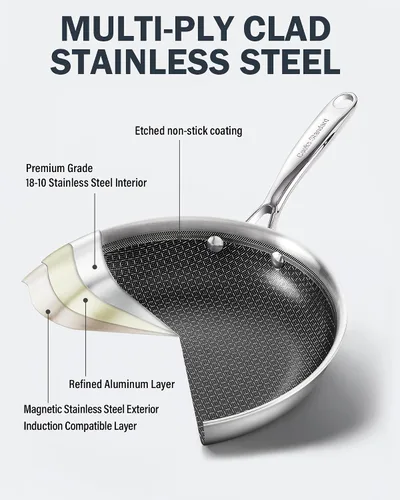 Vista 3 de Cooks Standard Sartén antiadherente híbrida de 8 pulgadas con revestimiento de varias capas, sartén de acero inoxidable con tapas de vidrio
