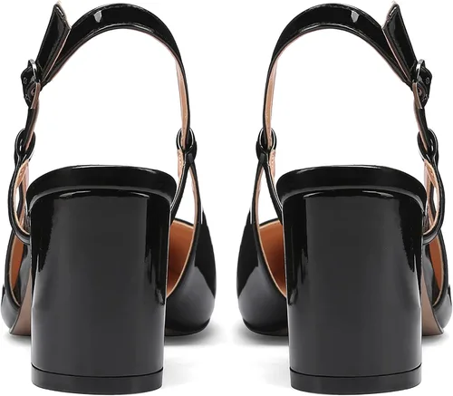 Vista 4 de MODENCOCO Zapatos de tacón medio para mujer, con hebilla de patente, puntera cuadrada, sexy, con puntera cuadrada, de 2.5 pulgadas