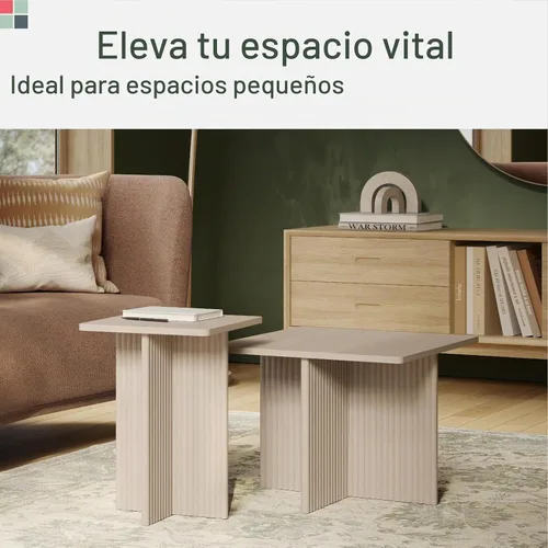 Vista 3 de Stead Juego de mesa auxiliar cuadrada anidable, mesa central con base de roble acanalado para sala de estar, juego de conjunto de chapa de grano