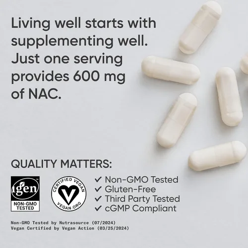 Vista 4 de Sports Research N-acetil L-cisteína (NAC) 600 mg, 90 cápsulas vegetarianas, veganas, sin OMG, sin gluten. Aroma de limón