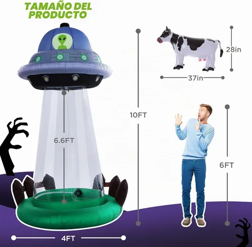 Vista 3 de ZPISF Inflables de Halloween de 10 pies OVNI con vaca flotante decoraciones Secuestro OVNI de 10 pies