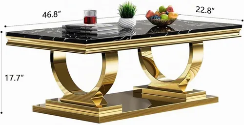 Vista 2 de Mesa de centro de mármol negro Henf de lujo, mesa auxiliar rectangular de mármol sintético de imitación con base de acero inoxidable dorado