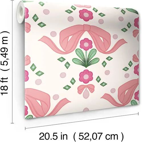 Vista 2 de LeLe Sadoughi Papel tapiz adhesivo de damasco con lazo, color rosa