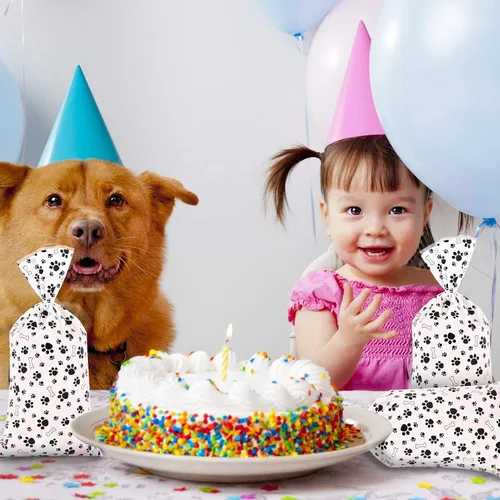 Vista 5 de Lecferrarc 100 bolsas de golosinas con estampado de hueso de pata de perro, bolsas de dulces de celofán, bolsas de plástico para almacenamiento