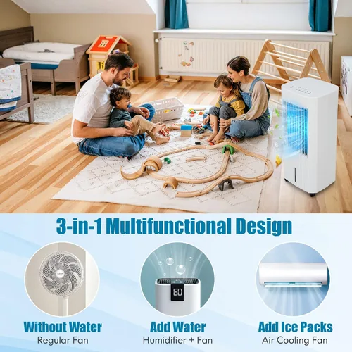 Vista 3 de PETSITE Enfriador de aire evaporativo, ventilador de enfriamiento 3 en 1 y humidificador con control remoto, 2 paquetes de hielo, temporizador de 15
