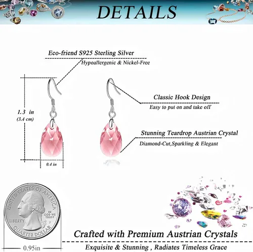 Vista 41 de Aretes colgantes de cristal austriaco con forma de lágrima para mujer, joyería hipoalergénica de plata de ley 925