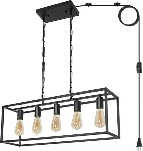 Vista 8 de Lámpara de isla de cocina con enchufe de granja, industrial moderna lámpara lineal de 5 luces con cable de 17.5 pies, lámparas rectangulares