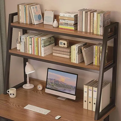 Vista 3 de Hutch Display Shelf Office 2 Tier Desktop Bookshelf/Bookcase - Trapezoidal Wood Countertop Hutch Bookshelf, Storage Home Decor Shelves, for Home