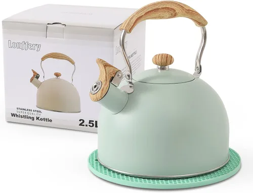Vista 10 de LONFFERY Tetera para estufa, hervidor de té silbante de 2.5 cuartos de galón, con mango plegable de acero inoxidable de grado alimenticio