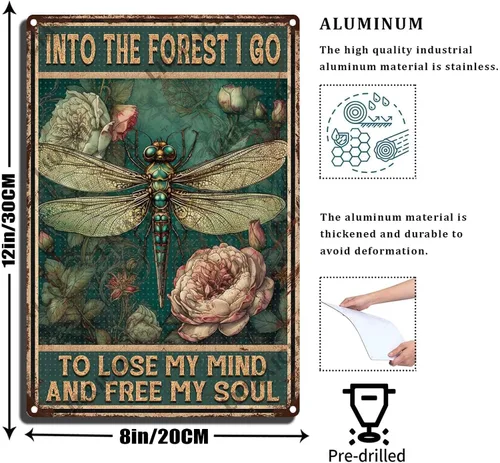 Vista 2 de LIUAXICIA Letreros divertidos de metal con texto en inglés «Into The Forest I go to Lose My Mind and Free My Soul Dragonfly», decoración de pared
