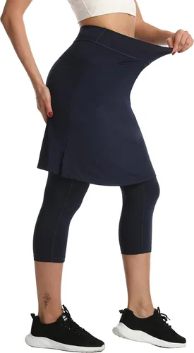 Vista 4 de HOKOYI Falda modesta con leggings adjuntos para mujer, entrenamiento hasta la rodilla, pantalones capri con 2 bolsillos