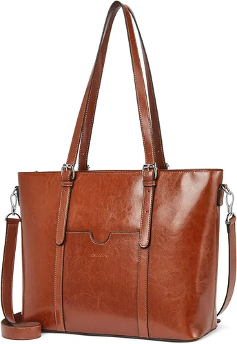 Vista 8 de BOSTANTEN Bolso de mano de cuero para mujer para laptop, bolsa al hombro de oficina, maletín vintage de 15.6 pulgadas, bolso de trabajo