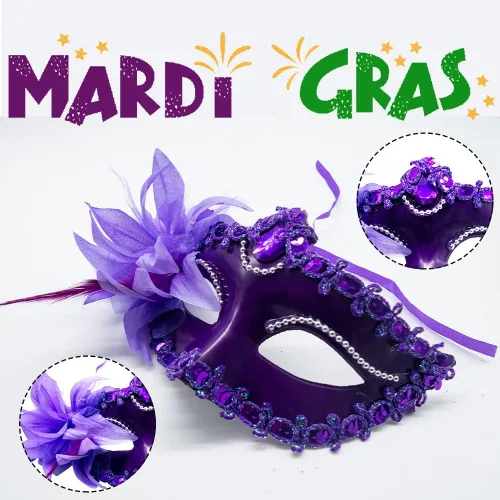 Vista 3 de Mardi Gras - Bufanda de malla brillante con máscara de plumas de purpurina morada accesorio de disfraz de Mardi Gras disfraz de mascarada para Mardi