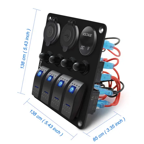 Vista 7 de FXC Panel de interruptor basculante azul de barco marino impermeable de 4 vías con enchufe USB QC3.0 y ranura tipo C + encendedor de cigarrillos +