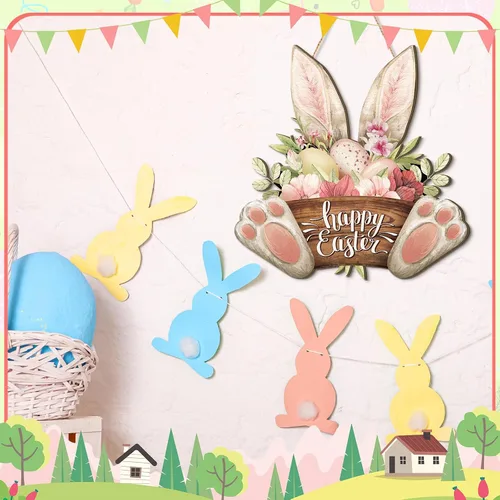 Vista 4 de Barydat 1 corona de Pascua para puerta delantera, conejo de bienvenida, letrero de madera, decoración de primavera, placa colgante de Pascua