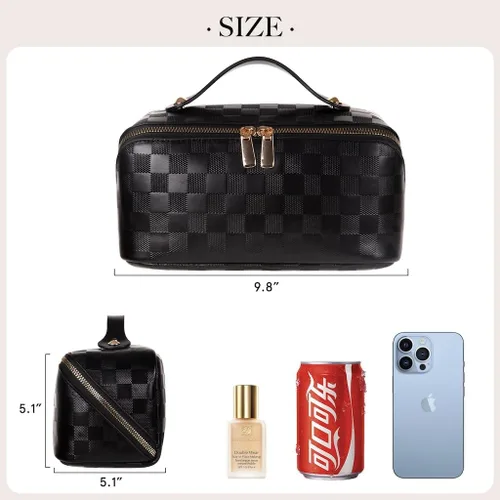 Vista 2 de Bolsas de maquillaje a cuadros de gran capacidad, bolsas de cosméticos portátiles de viaje, bolsa de aseo abierta y plana para mujeres y niñas
