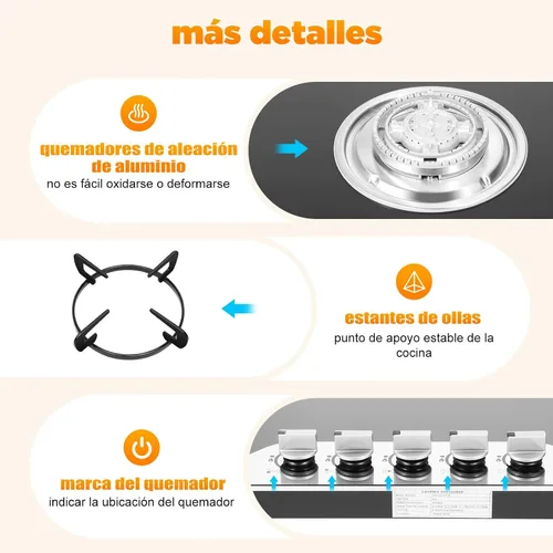 Vista 7 de Estufa de gas de 5 quemadores, encimera de acero inoxidable integrada de 30 pulgadas, encimera de acero inoxidable integrada con protección