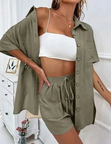 Vista 2 de QIBABU Conjunto de 2 piezas de pantalones cortos de lino para mujer, camiseta de manga corta y pantalones cortos, conjunto deportivo para vacaciones